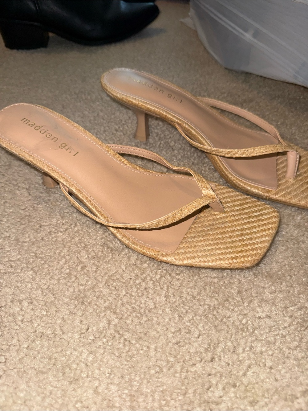 Madden Girl Tan Woven Raffia Kitten Heel Thong Sandals